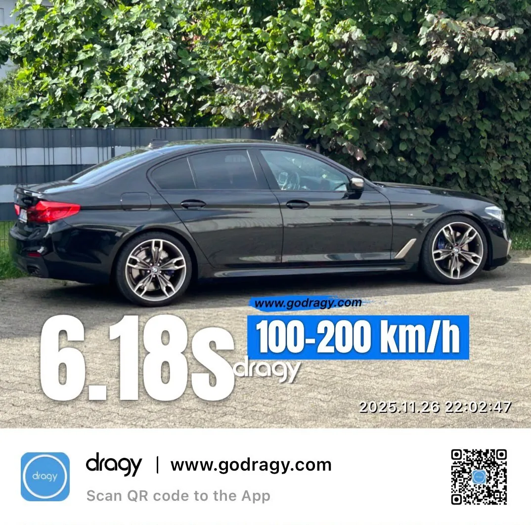 Dragy-Messprotokoll eines BMW 5er: 100 bis 200 km/h in 6,18 Sekunden, aufgenommen am 26.11.2025